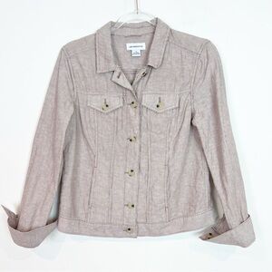 LIZ CLAIBORNE MICRO STRIPE BROWN WHITE LINEN BLEND TRUCKER JACKET SZ SMALL